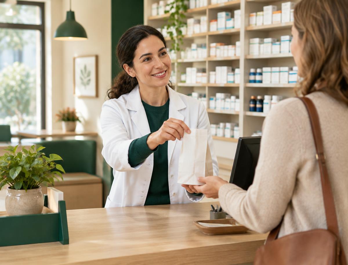 A pharmacist handing a paper medicine bag to a customer across the counter at U S Pharmacy