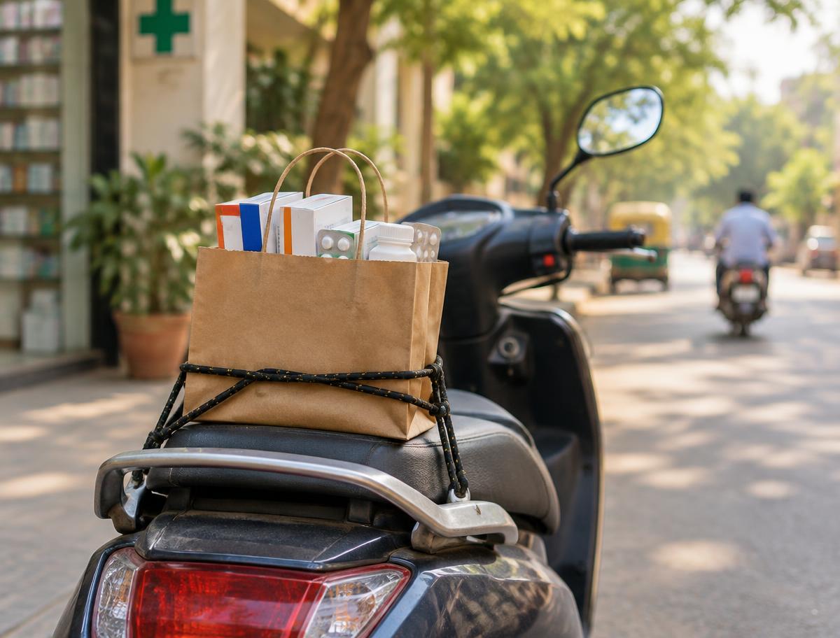 A paper bag of medicine packages secured on a scooter outside a pharmacy on a Lucknow street