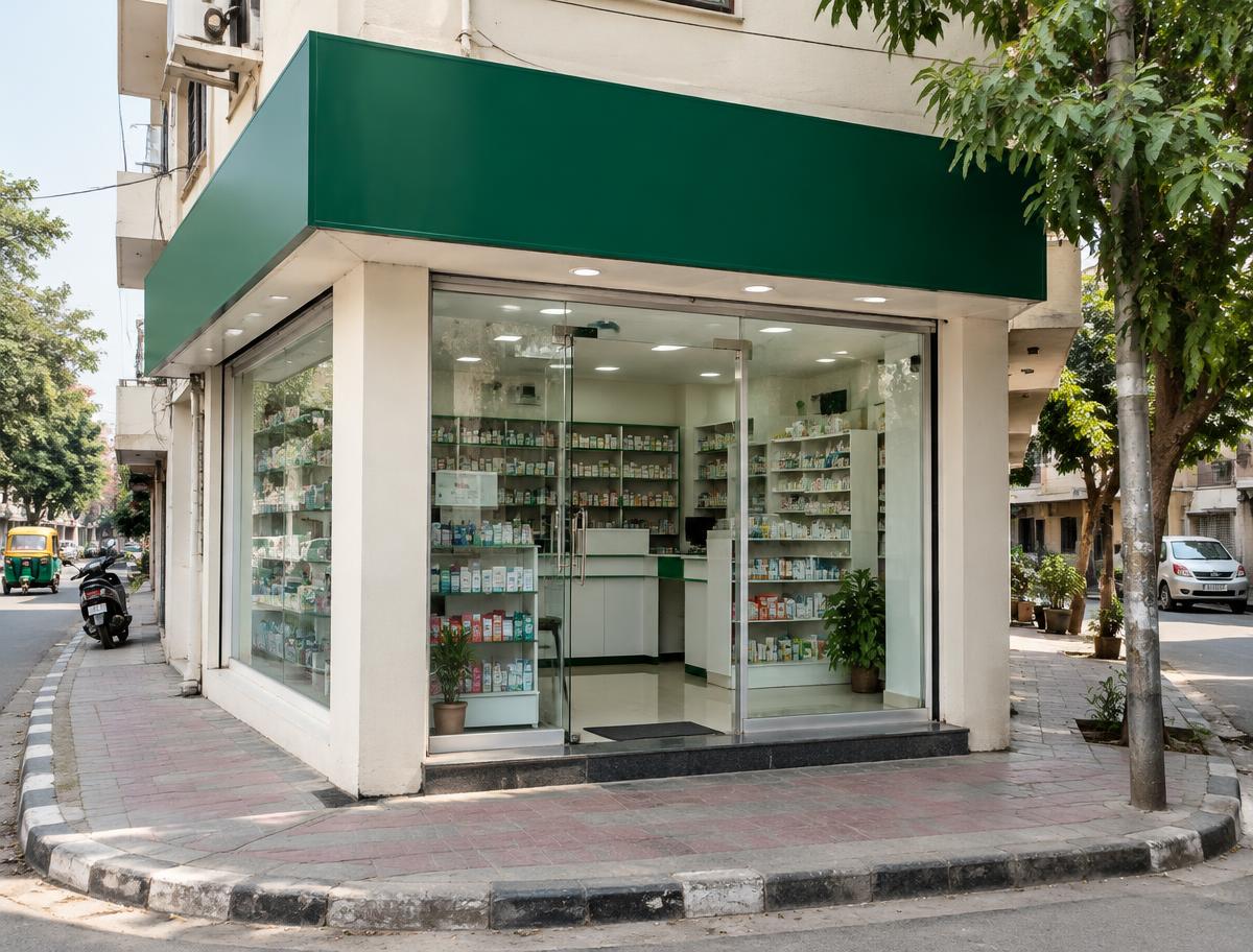 Street-corner storefront of U S Pharmacy with an emerald green signboard at Tiwari Chauraha, Jankipuram